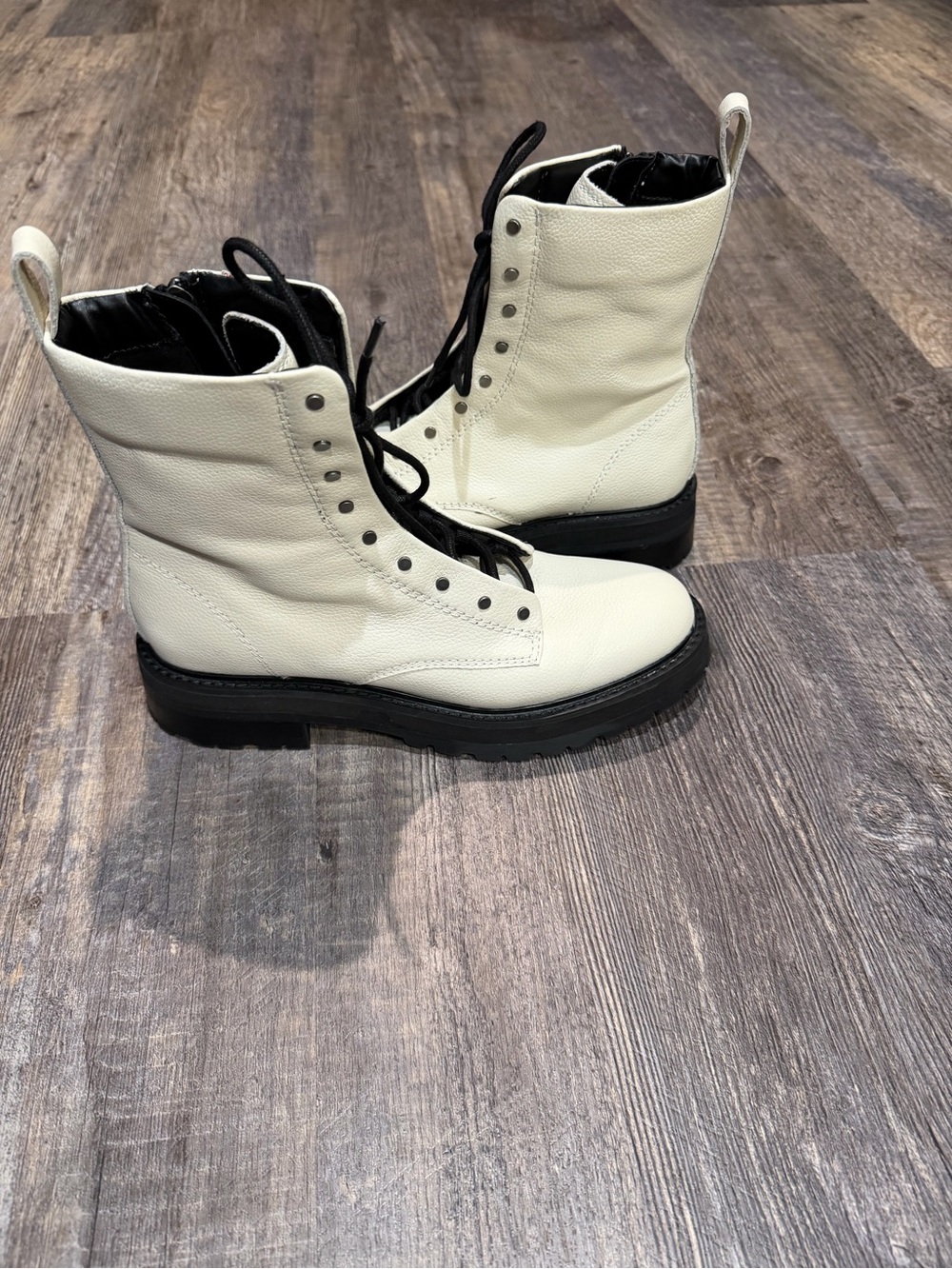 Dolce Vita White Leather Combat Ankle Boots with Black Sole